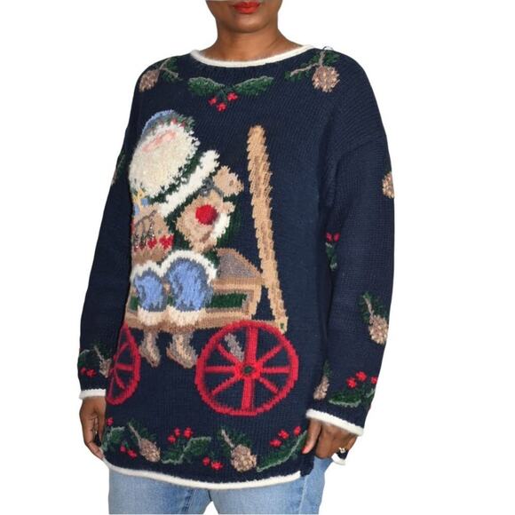 Ugly Christmas Sweater Santa Claus Vintage Northern Isles Tree Wreath Size Large - Picture 7 of 14